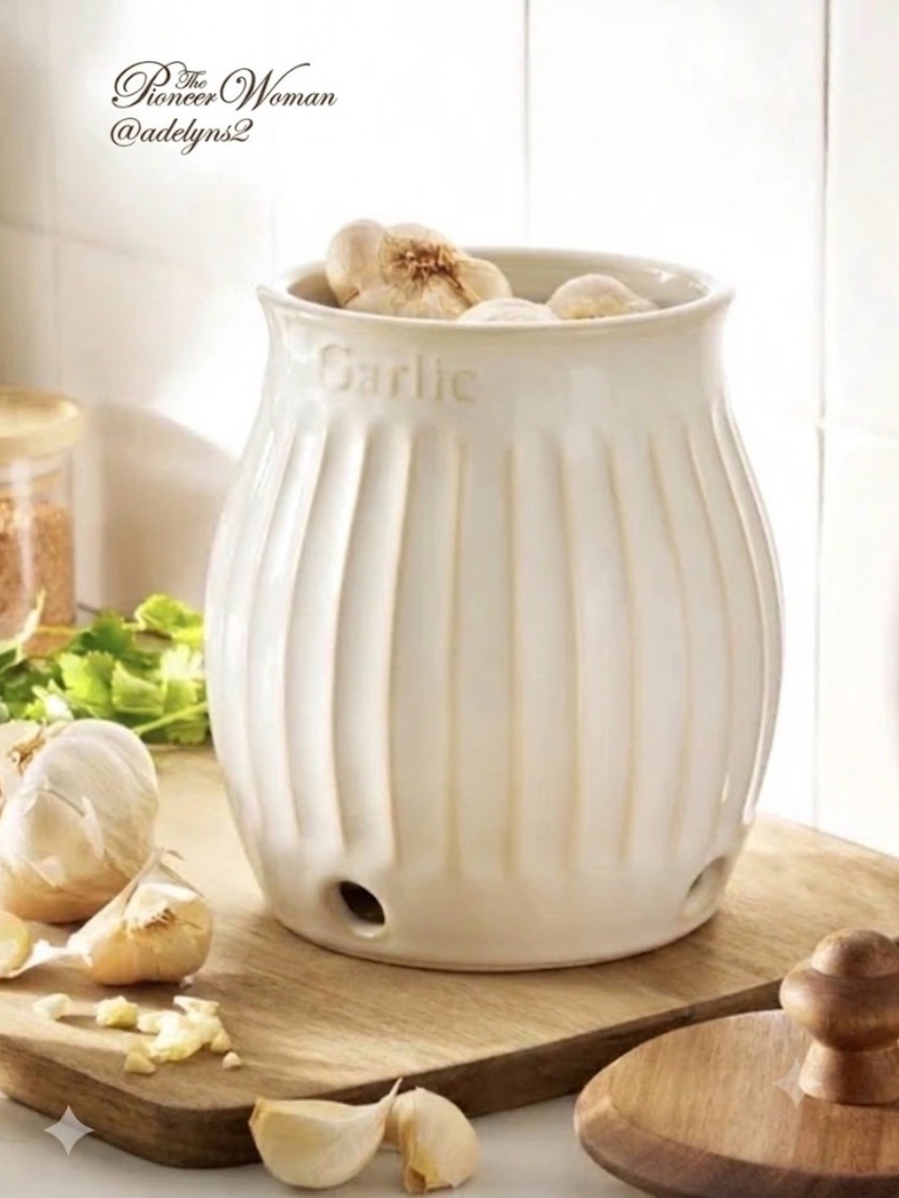 2026 🌺 New Pioneer Woman Garlic Vegetable Keeper Storage Canister Wood Lid/Top